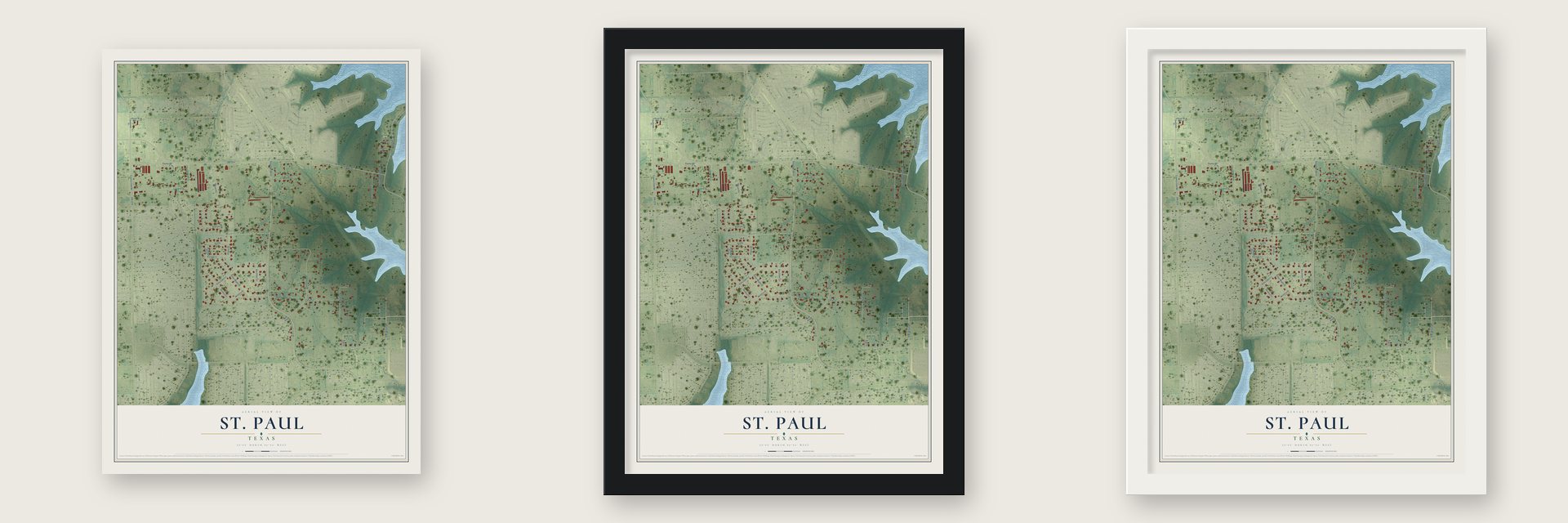 St. Paul, Texas map unframed, in a black wood frame and in a white wood frame