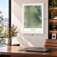 St. Paul, Texas map, 18 x 24 inch print in a white frame in a home office