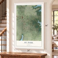 St. Paul, Texas map, 24 x 36 inch print in a white frame by a staircase