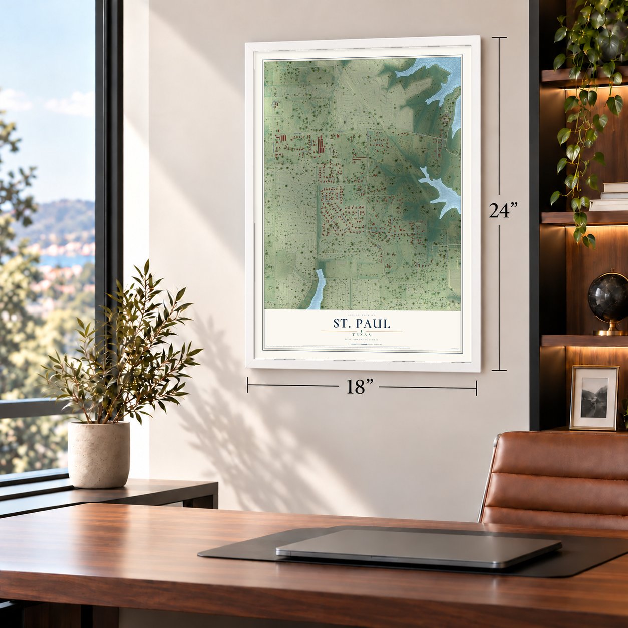 St. Paul, Texas map, 18 x 24 inch print in a white frame in a home office