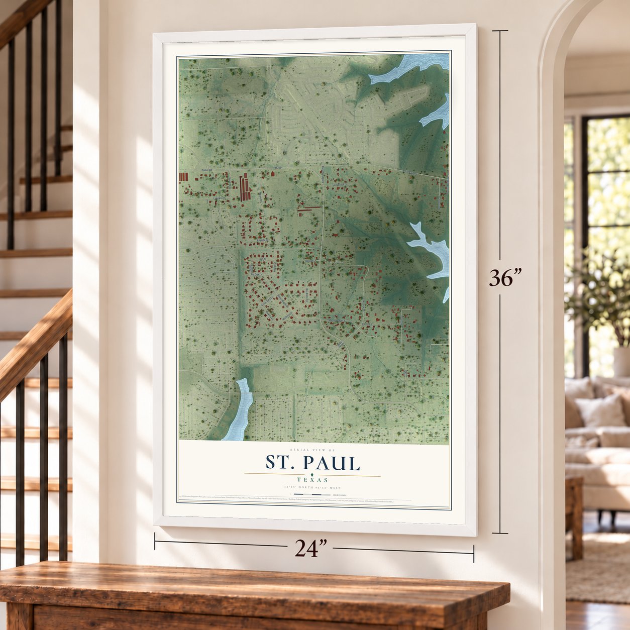 St. Paul, Texas map, 24 x 36 inch print in a white frame by a staircase