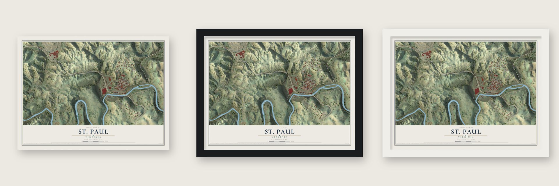 St. Paul, Virginia map unframed, in a black wood frame and in a white wood frame