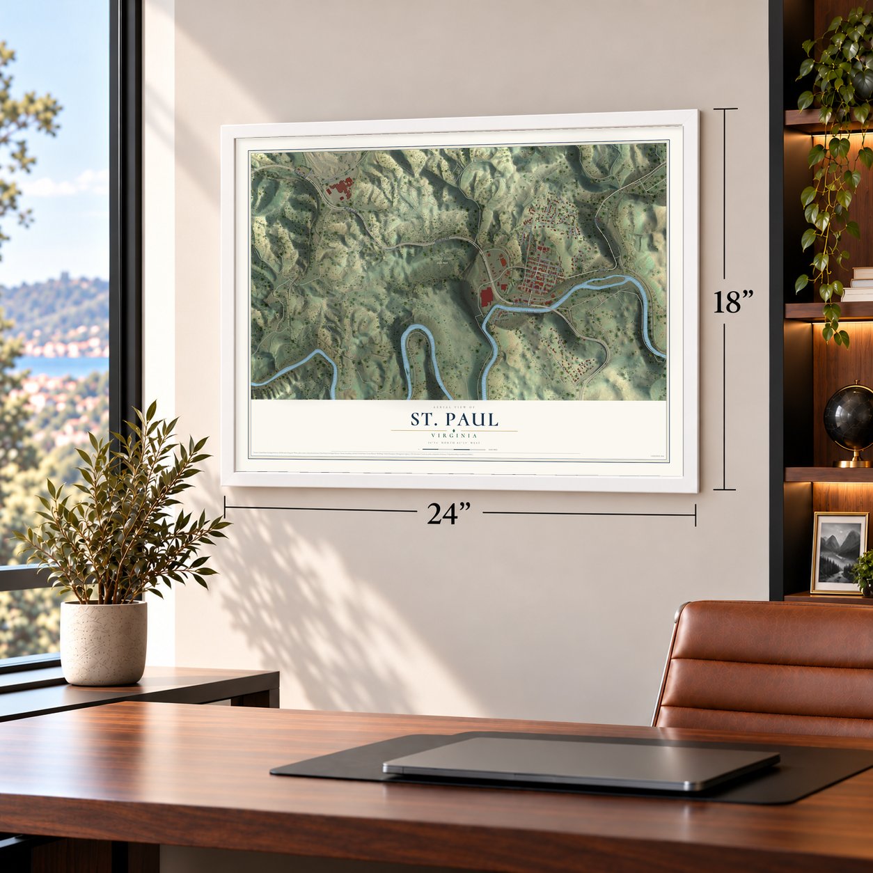 St. Paul, Virginia map, 18 x 24 inch print in a white frame in a home office