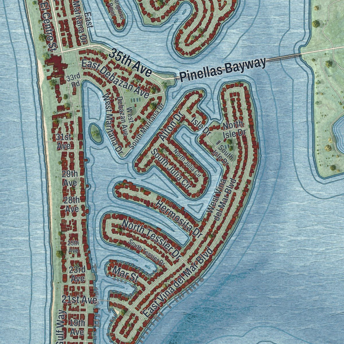 Second close-up of the map of St. Pete Beach, Florida print showing more streets and buildings