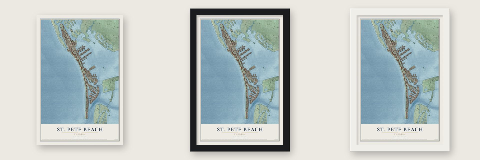 St. Pete Beach, Florida map unframed, in a black wood frame and in a white wood frame
