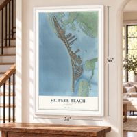 St. Pete Beach, Florida map, 24 x 36 inch print in a white frame by a staircase