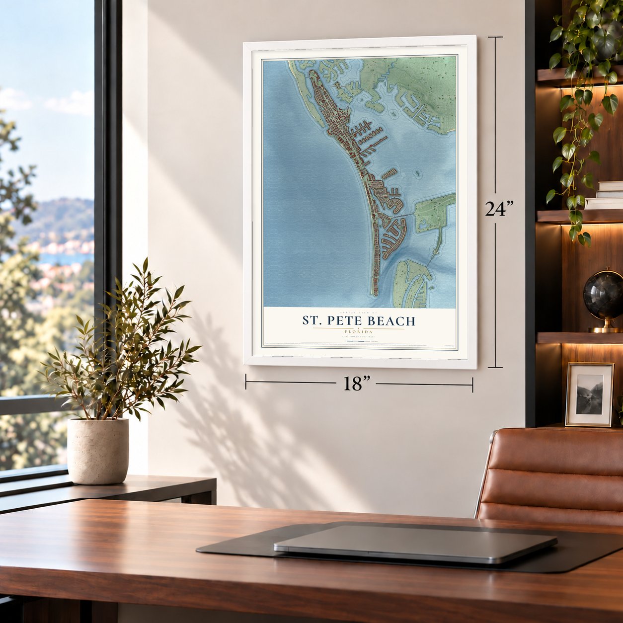 St. Pete Beach, Florida map, 18 x 24 inch print in a white frame in a home office