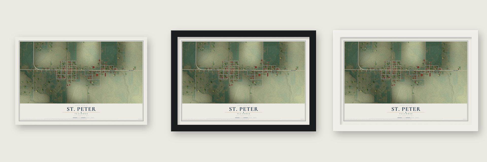 St. Peter, Illinois map unframed, in a black wood frame and in a white wood frame