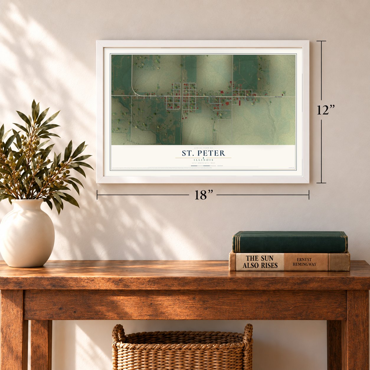 St. Peter, Illinois map, 12 x 18 inch print in a white frame in an entryway