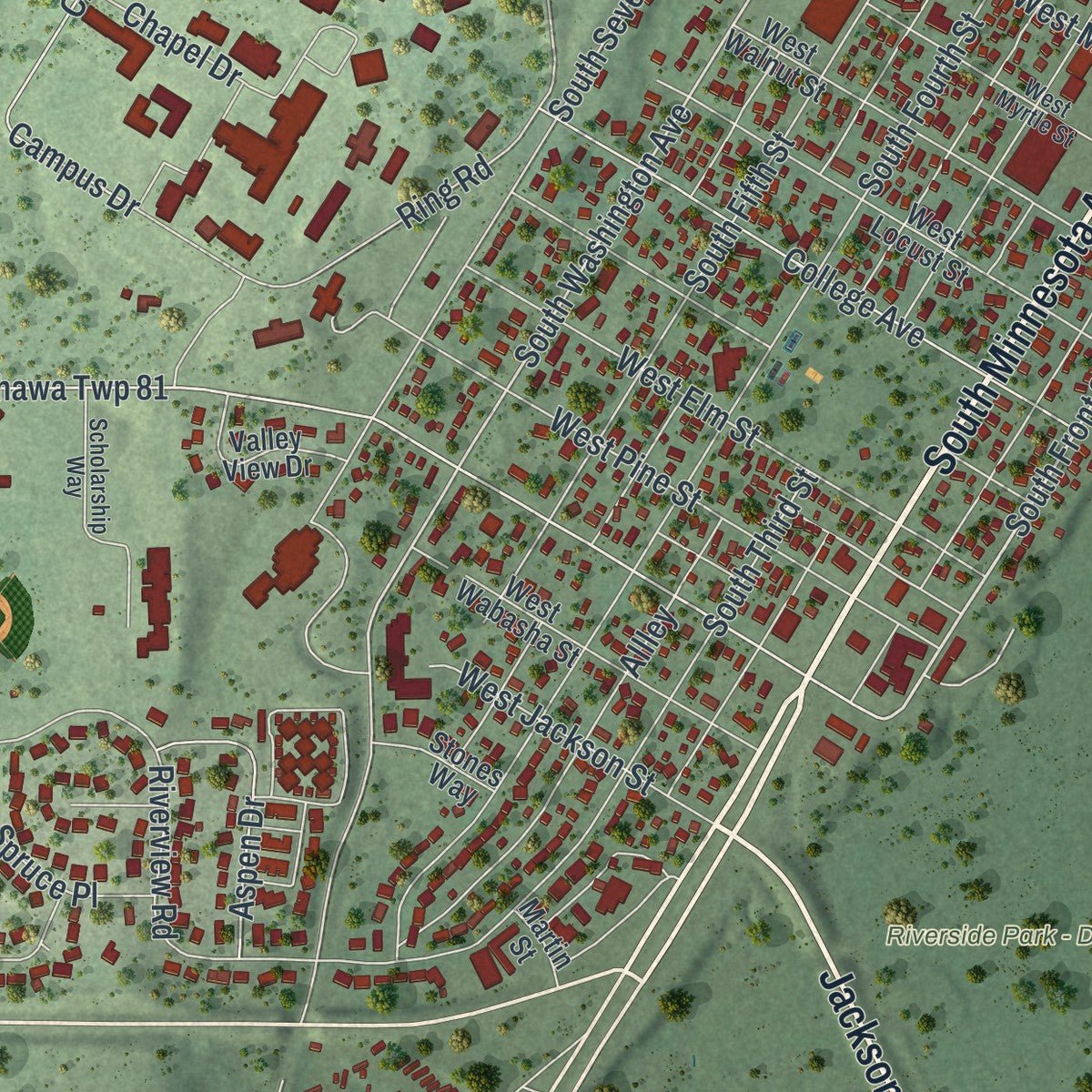 Second close-up of the map of St. Peter, Minnesota print showing more streets and buildings