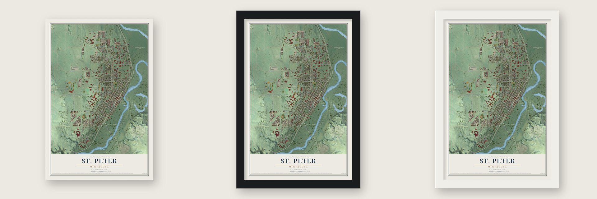 St. Peter, Minnesota map unframed, in a black wood frame and in a white wood frame