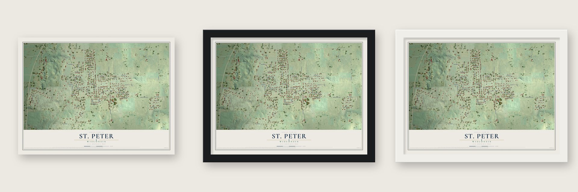 St. Peter, Wisconsin map unframed, in a black wood frame and in a white wood frame