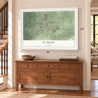 St. Peter, Wisconsin map, 24 x 36 inch print in a white frame above a dresser by a staircase