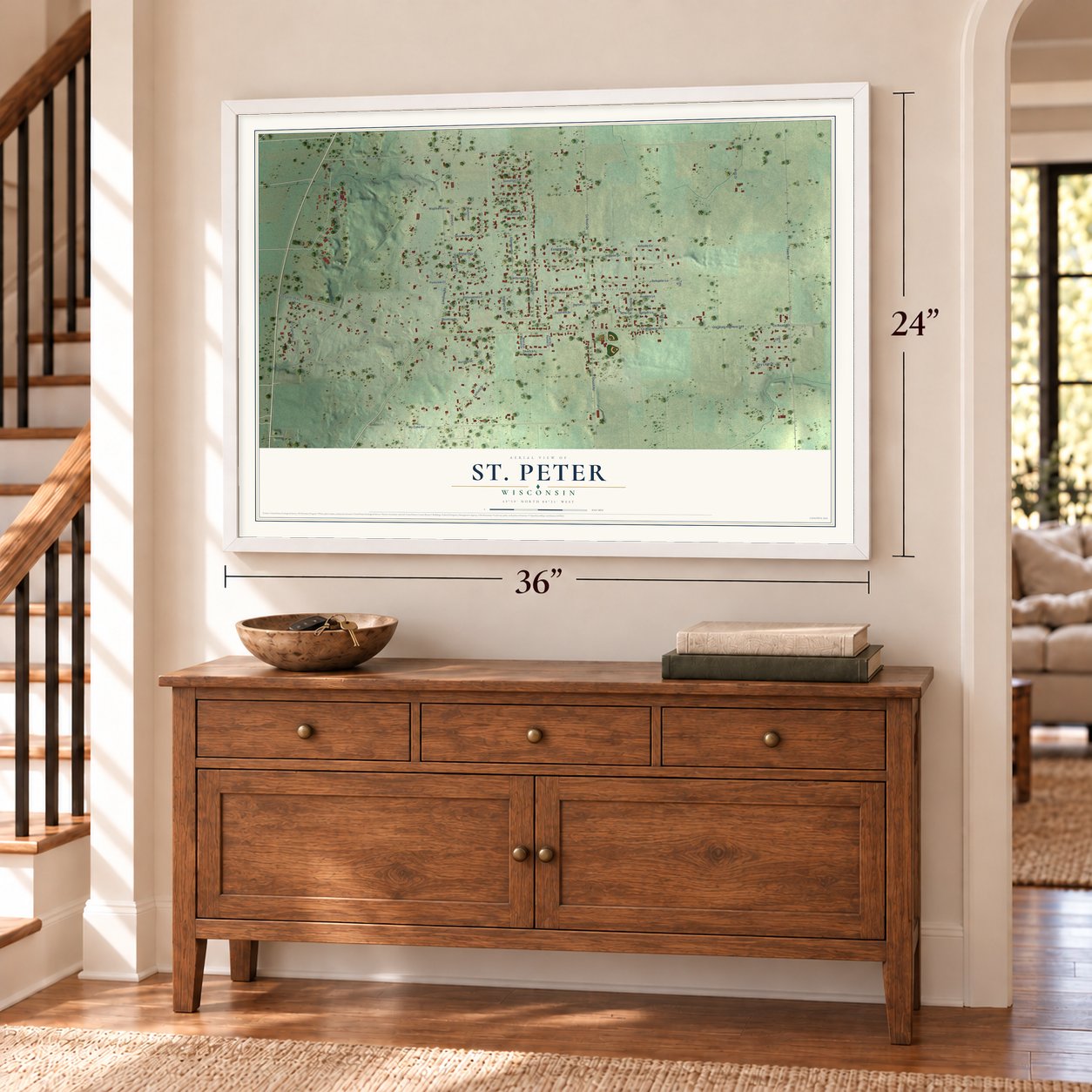 St. Peter, Wisconsin map, 24 x 36 inch print in a white frame above a dresser by a staircase