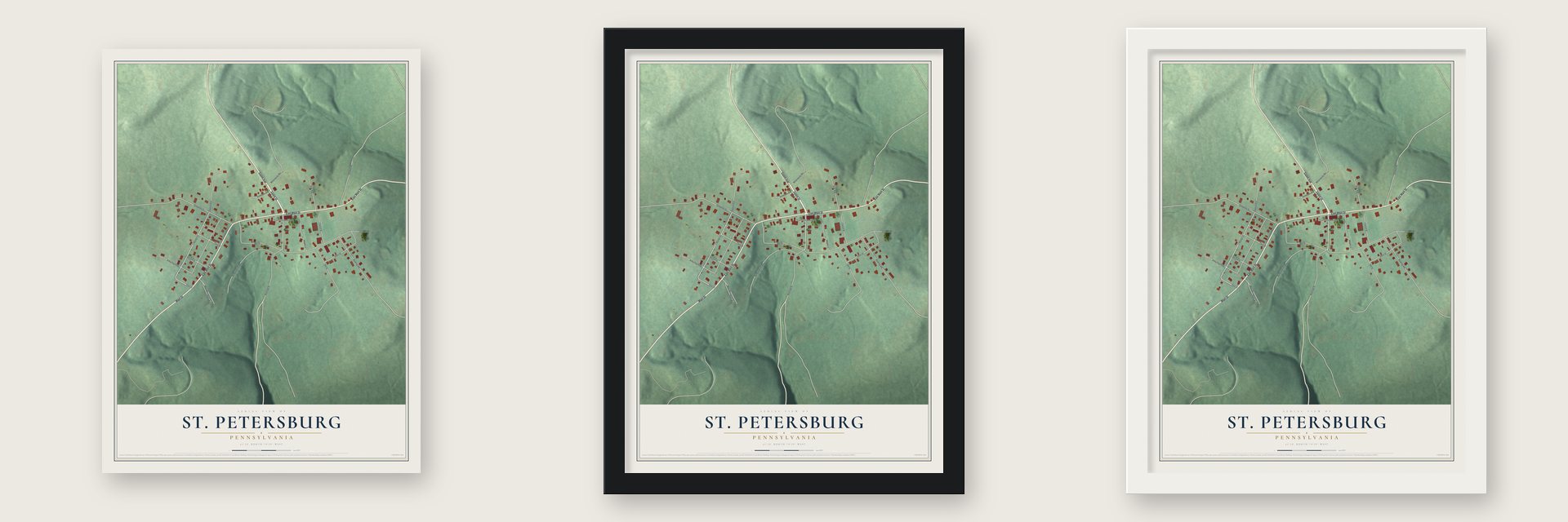 St. Petersburg, Pennsylvania map unframed, in a black wood frame and in a white wood frame