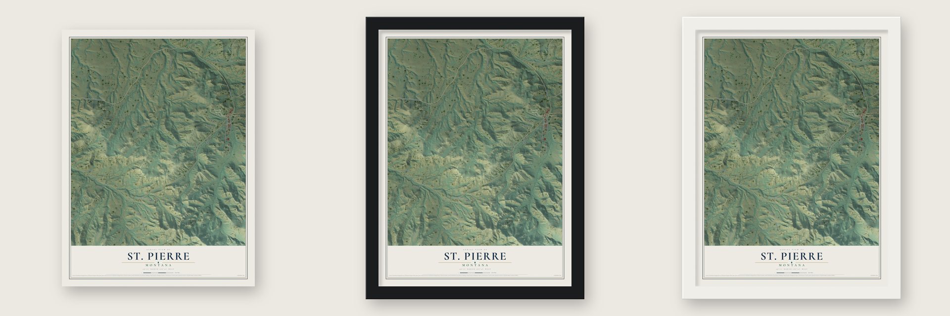 St. Pierre, Montana map unframed, in a black wood frame and in a white wood frame