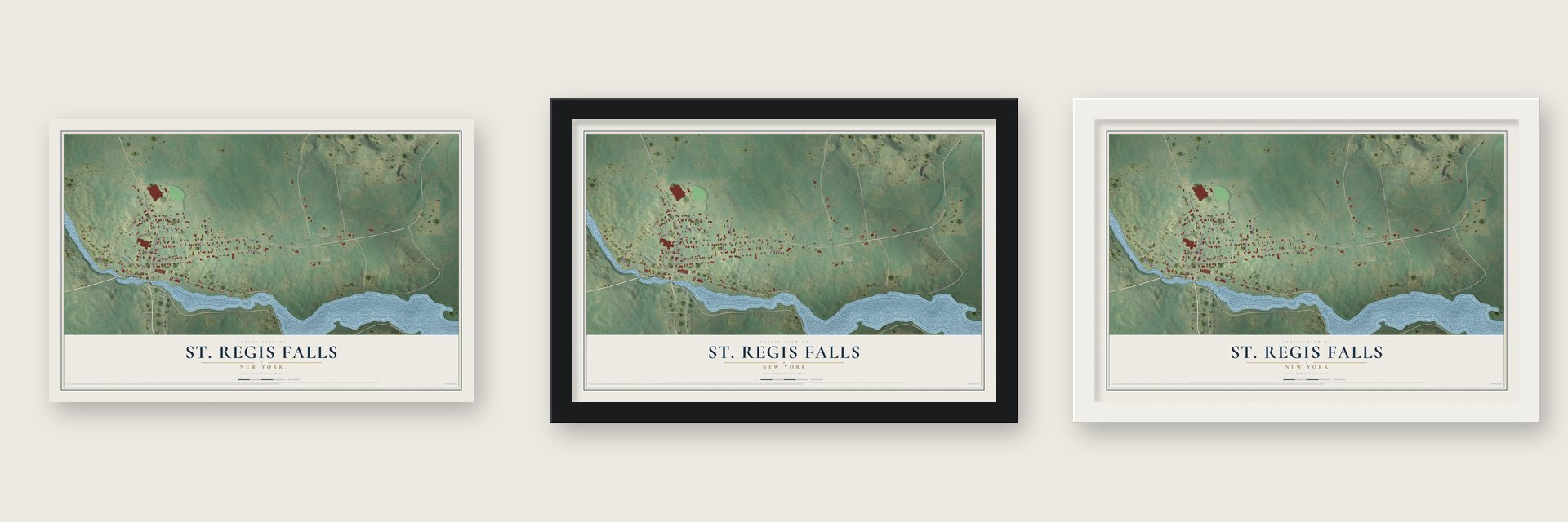 St. Regis Falls, New York map unframed, in a black wood frame and in a white wood frame