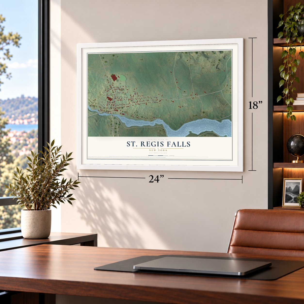 St. Regis Falls, New York map, 18 x 24 inch print in a white frame in a home office
