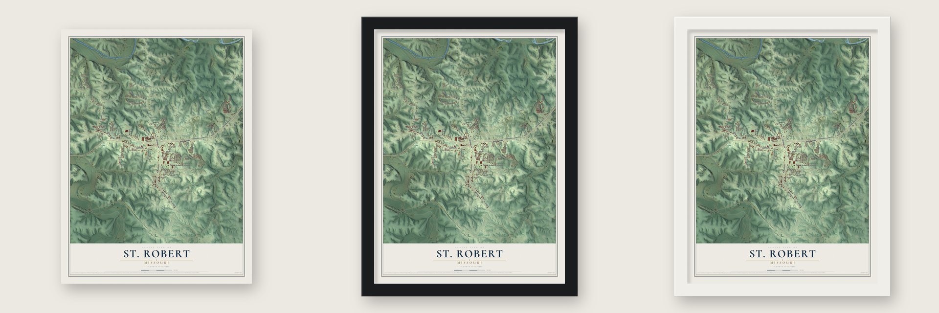 St. Robert, Missouri map unframed, in a black wood frame and in a white wood frame
