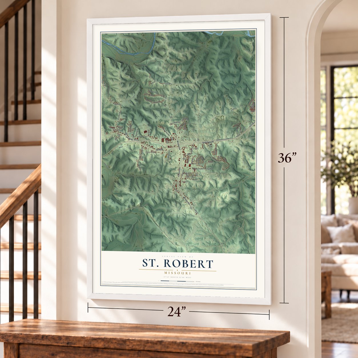 St. Robert, Missouri map, 24 x 36 inch print in a white frame by a staircase