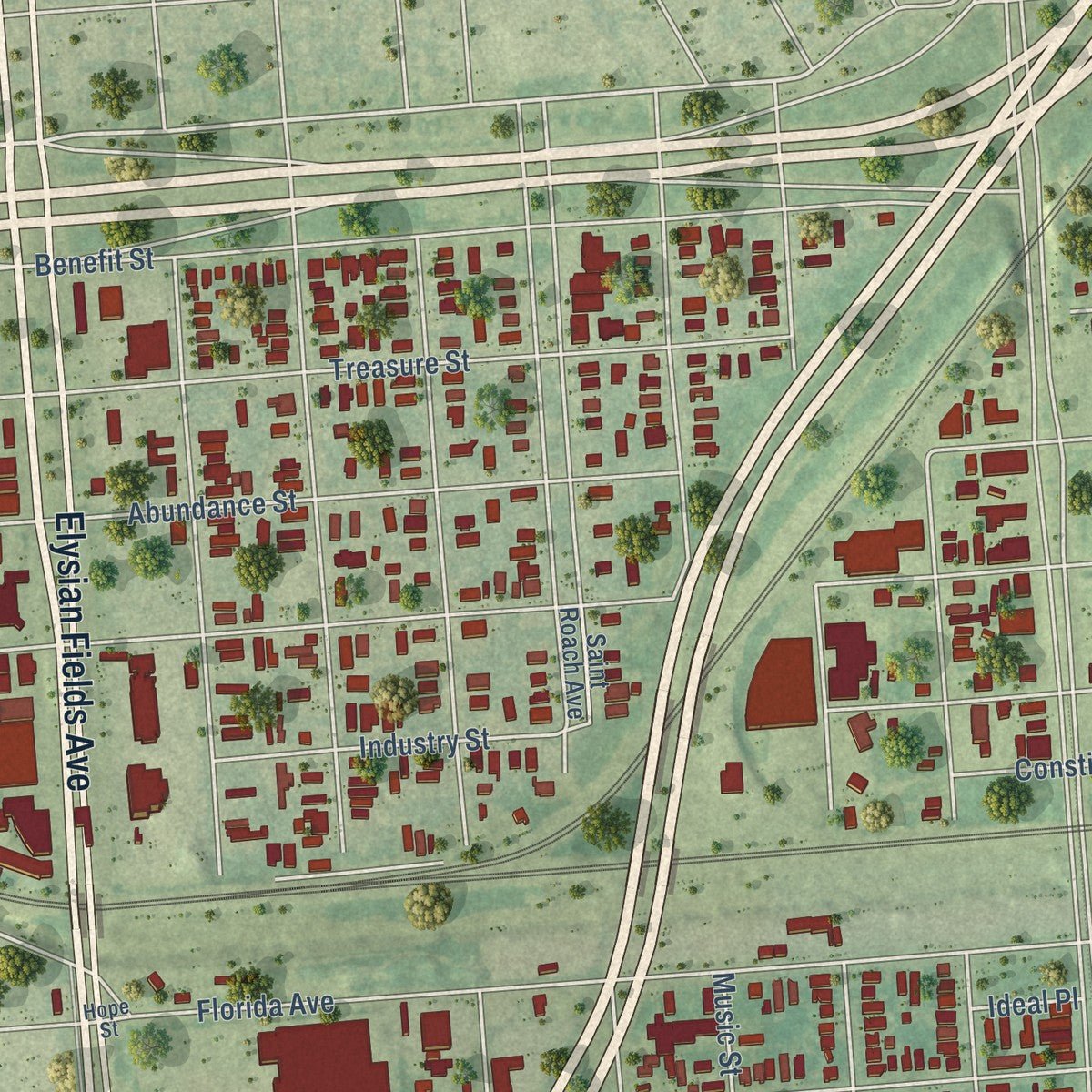 Second close-up of the map of St. Roch, Louisiana print showing more streets and buildings