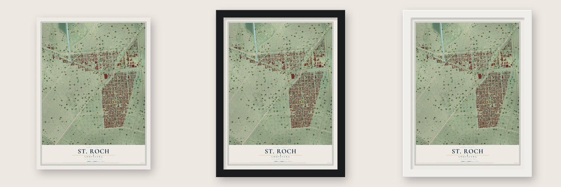 St. Roch, Louisiana map unframed, in a black wood frame and in a white wood frame