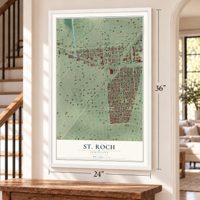 St. Roch, Louisiana map, 24 x 36 inch print in a white frame by a staircase