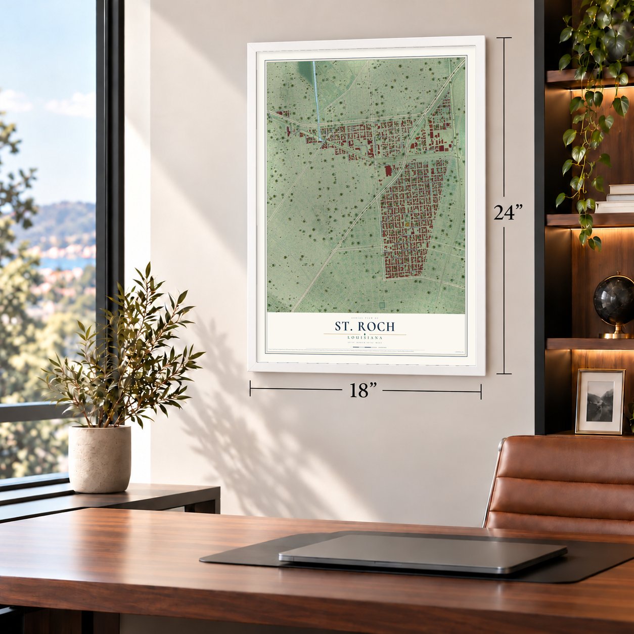 St. Roch, Louisiana map, 18 x 24 inch print in a white frame in a home office