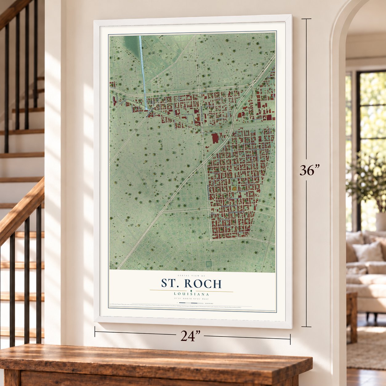 St. Roch, Louisiana map, 24 x 36 inch print in a white frame by a staircase