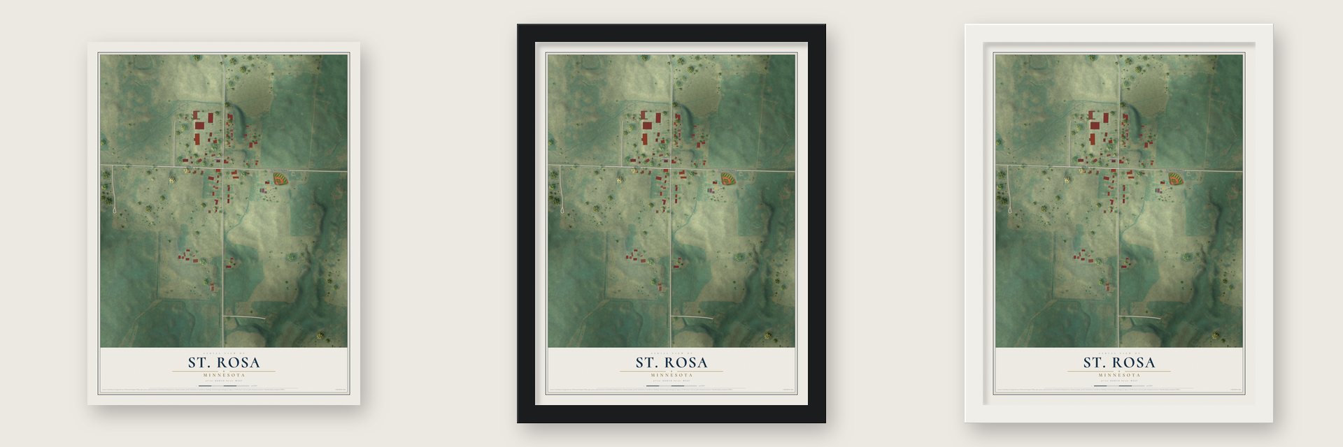 St. Rosa, Minnesota map unframed, in a black wood frame and in a white wood frame