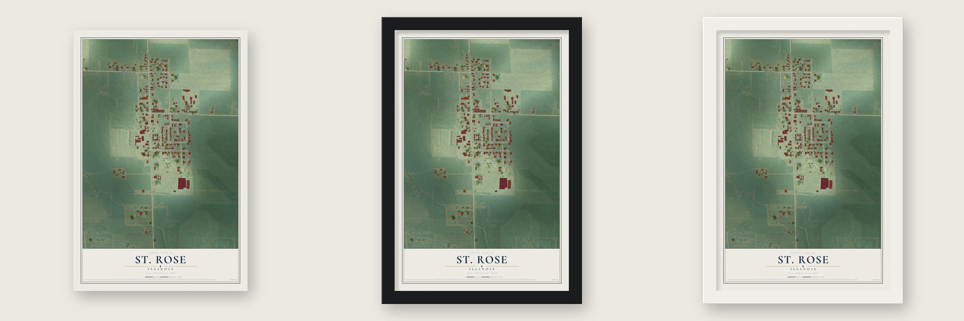 St. Rose, Illinois map unframed, in a black wood frame and in a white wood frame