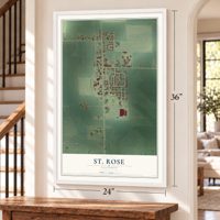 St. Rose, Illinois map, 24 x 36 inch print in a white frame by a staircase