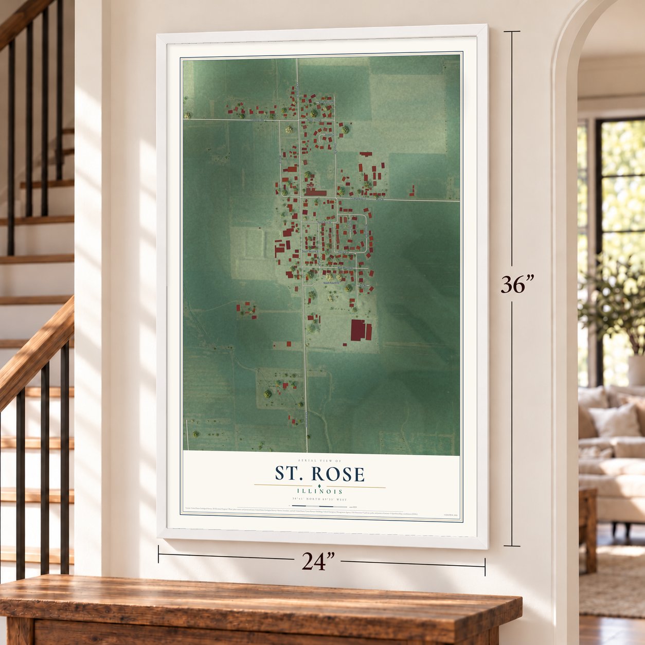 St. Rose, Illinois map, 24 x 36 inch print in a white frame by a staircase