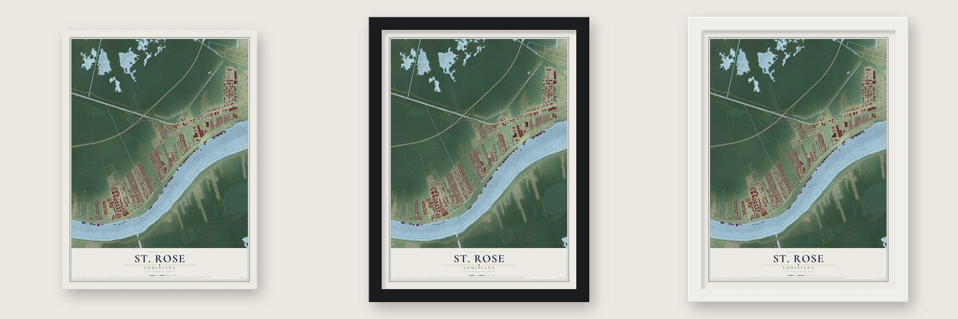 St. Rose, Louisiana map unframed, in a black wood frame and in a white wood frame