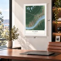 St. Rose, Louisiana map, 18 x 24 inch print in a white frame in a home office