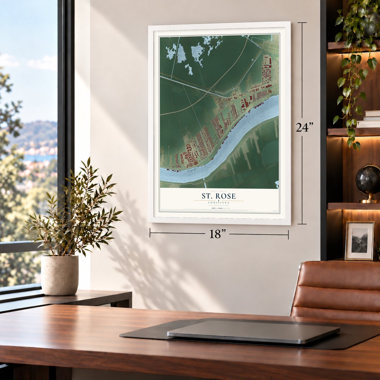 St. Rose, Louisiana map, 18 x 24 inch print in a white frame in a home office
