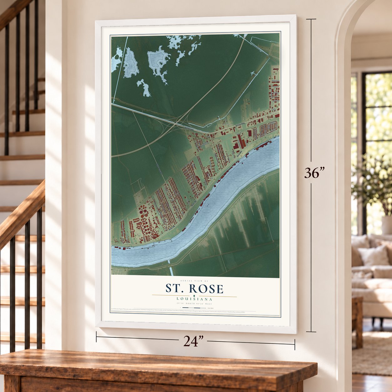 St. Rose, Louisiana map, 24 x 36 inch print in a white frame by a staircase