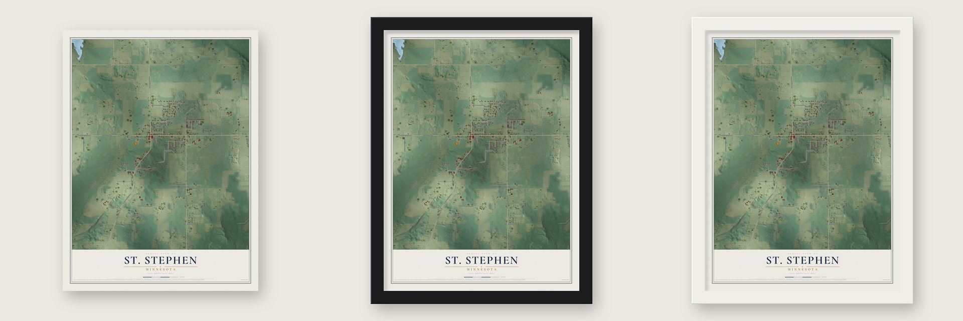 St. Stephen, Minnesota map unframed, in a black wood frame and in a white wood frame
