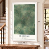 St. Stephen, Minnesota map, 24 x 36 inch print in a white frame by a staircase