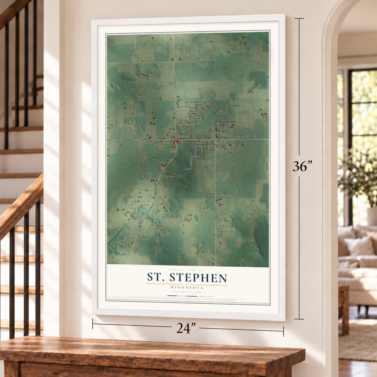 St. Stephen, Minnesota map, 24 x 36 inch print in a white frame by a staircase