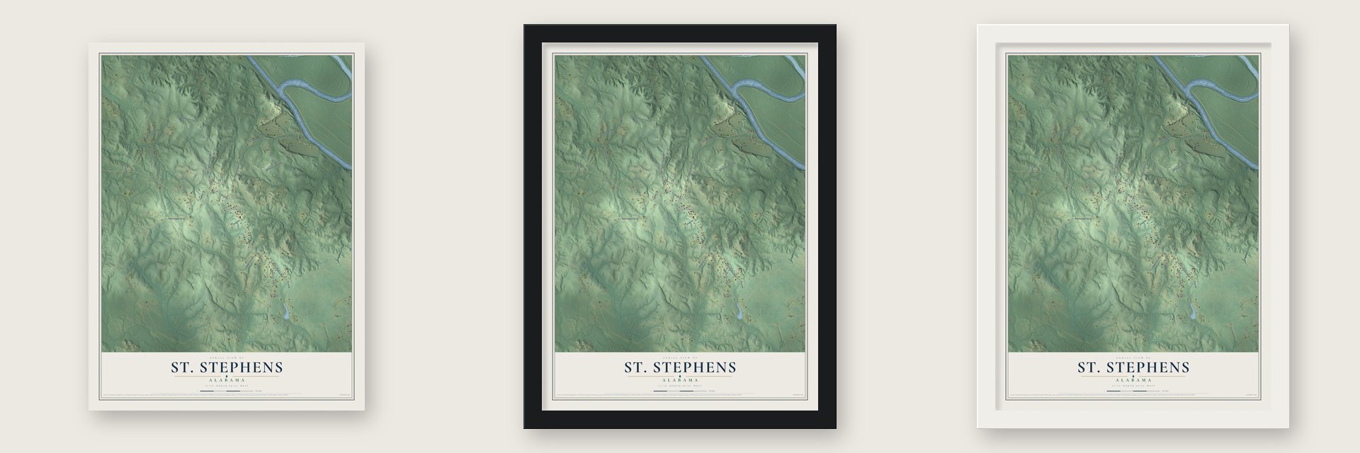 St. Stephens, Alabama map unframed, in a black wood frame and in a white wood frame