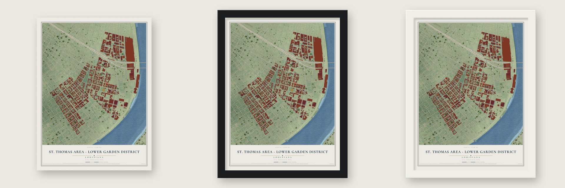 St. Thomas Area - Lower Garden District, Louisiana map unframed, in a black wood frame and in a white wood frame