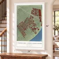 St. Thomas Area - Lower Garden District, Louisiana map, 24 x 36 inch print in a white frame by a staircase
