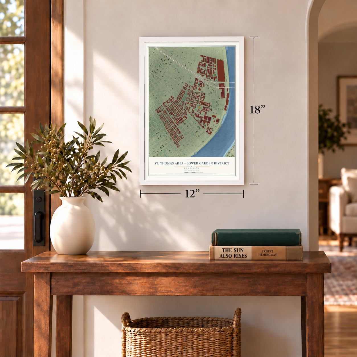 St. Thomas Area - Lower Garden District, Louisiana map, 12 x 18 inch print in a white frame in an entryway