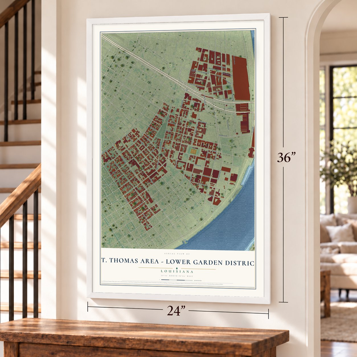 St. Thomas Area - Lower Garden District, Louisiana map, 24 x 36 inch print in a white frame by a staircase