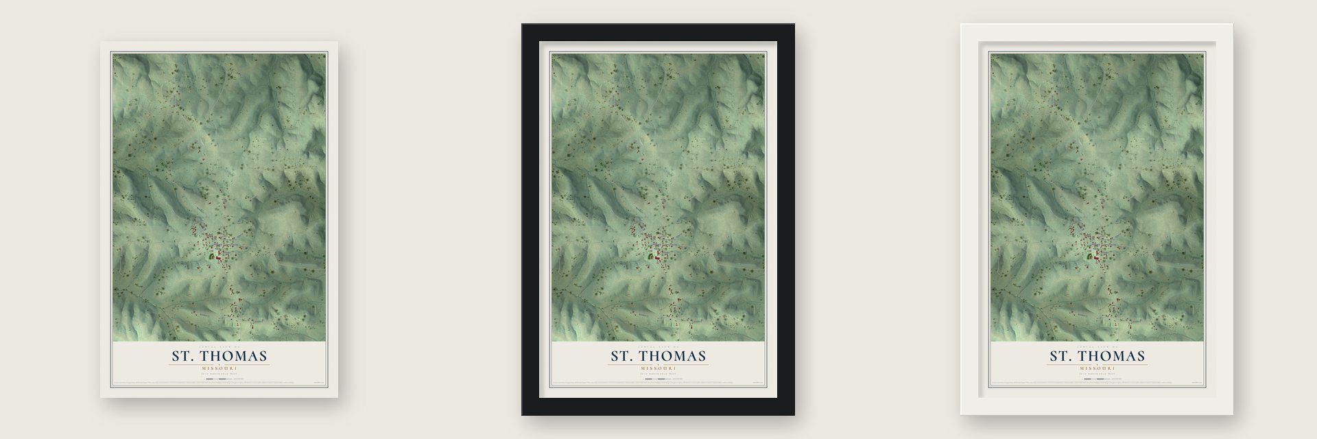 St. Thomas, Missouri map unframed, in a black wood frame and in a white wood frame