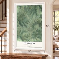 St. Thomas, Missouri map, 24 x 36 inch print in a white frame by a staircase