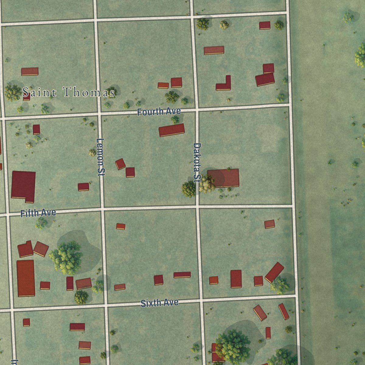 Second close-up of the map of St. Thomas, North Dakota print showing more streets and buildings