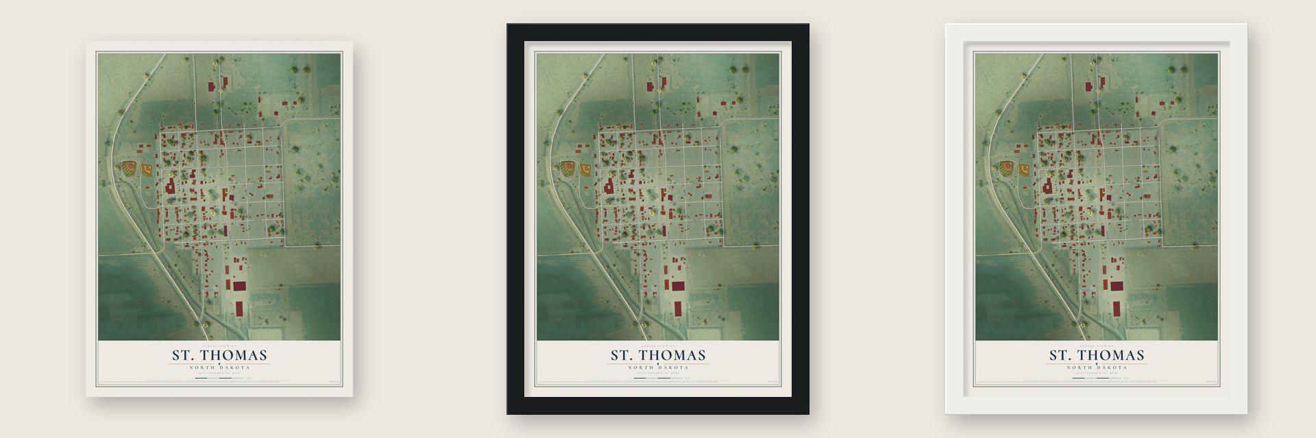 St. Thomas, North Dakota map unframed, in a black wood frame and in a white wood frame