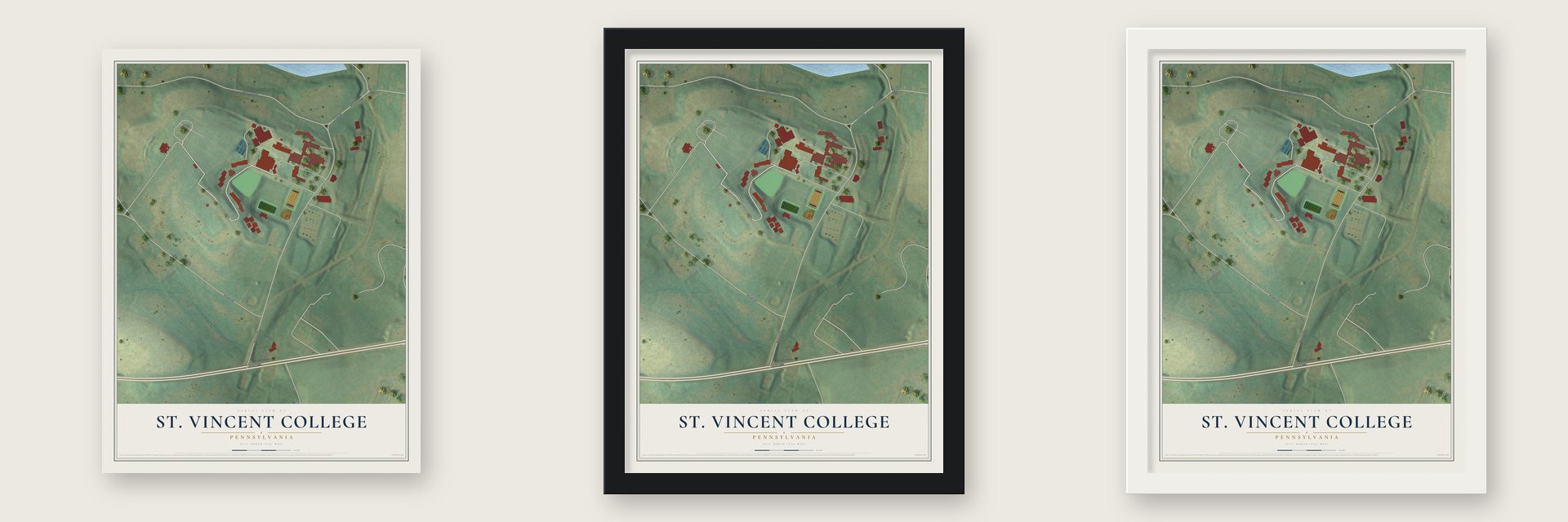 St. Vincent College, Pennsylvania map unframed, in a black wood frame and in a white wood frame